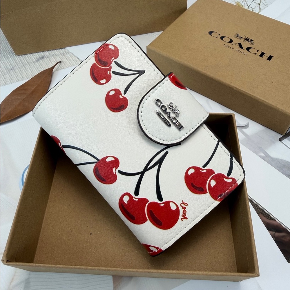 COACH White Leather Wallet with Red Cherry Print